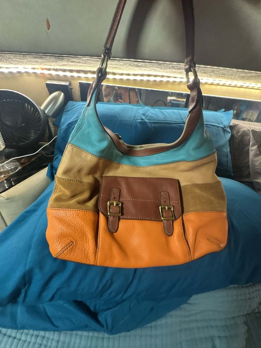 Fossil Tate leather/suede Hobo Shoulder bagteal tan brown orange